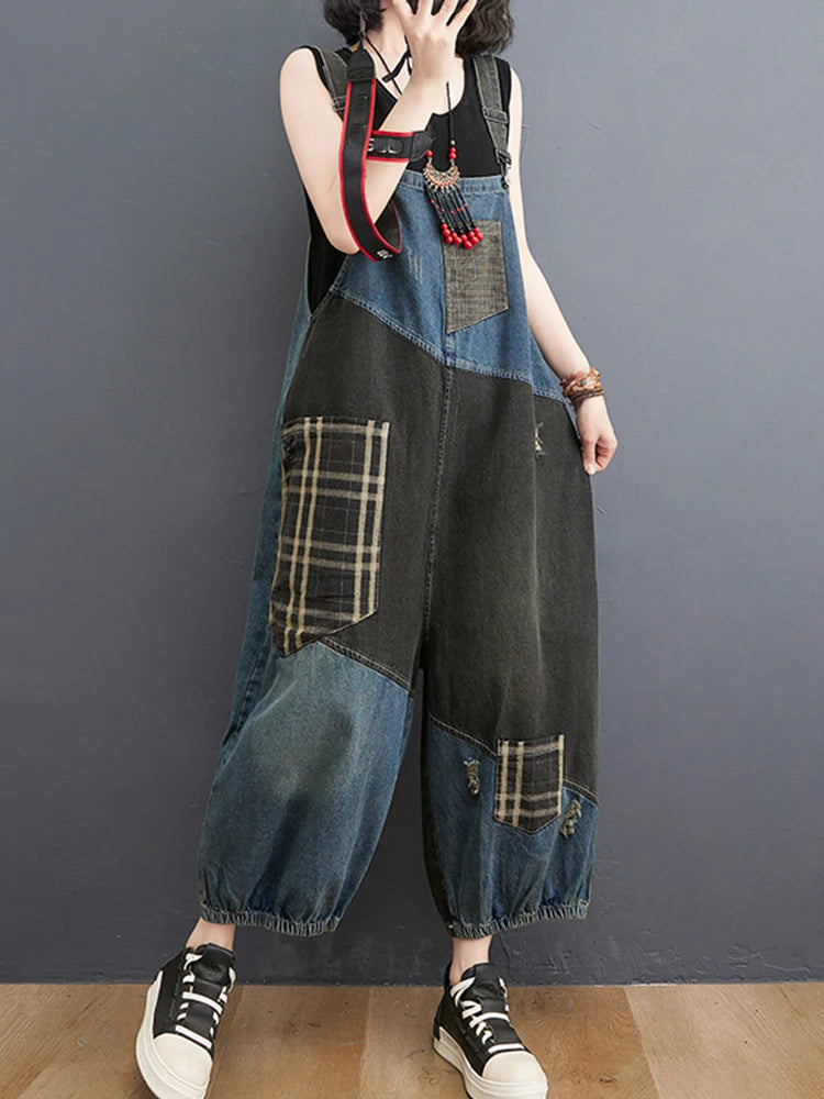 Amax luluE Korean Fall Jeans Womens Plaid Ripped Denim Overalls Ladies Vintage Punk Loose Pants Luxury Classic Casual Trousers