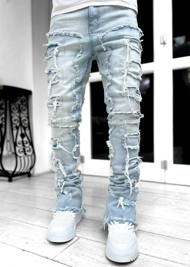 Punk Street Style Ripped Skinny Jeans Men Vintage Wash Solid Denim Trouser Mens Casual Slim Fit Pencil Denim Holes Pants 2024