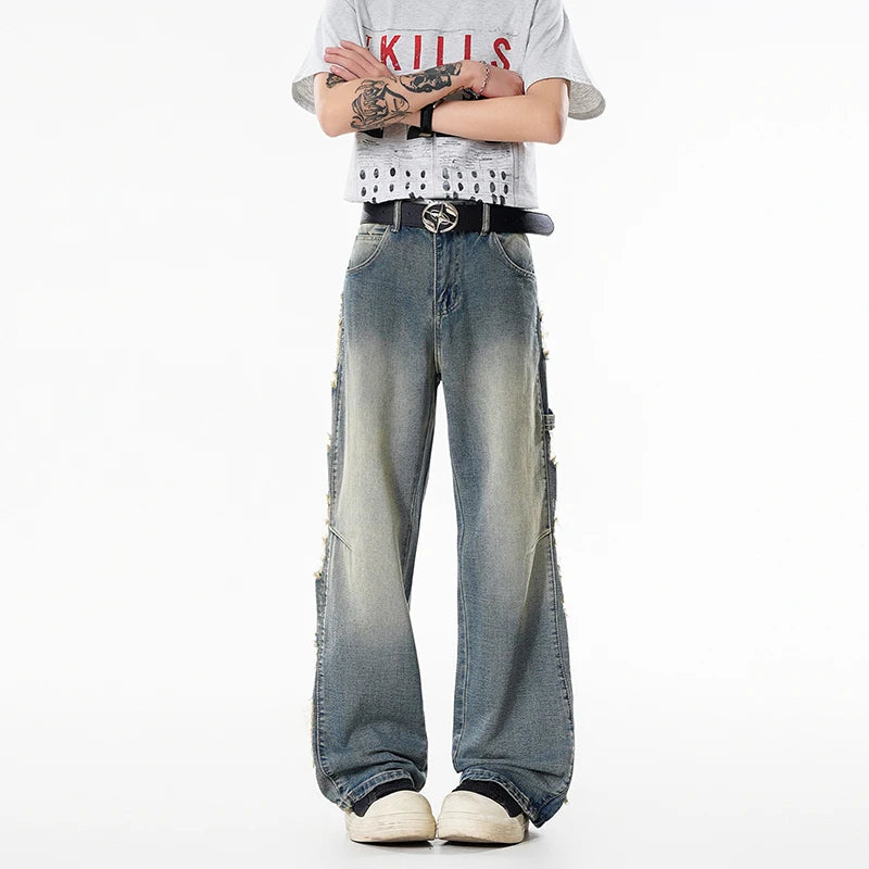Men's Jeans Vintage Wash Distressed Ripped Jeans Loose Straight Leg Pants Elastic Waist Streetwear Destroyed Side Fringe Details