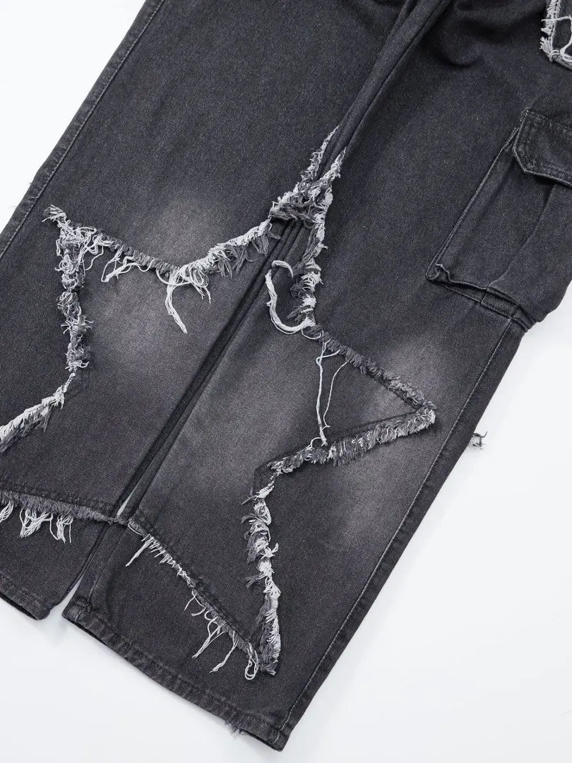 Dark style irregular frayed ripped jeans, men's multi-pocket design, loose drape wide-leg trendy brand long pants