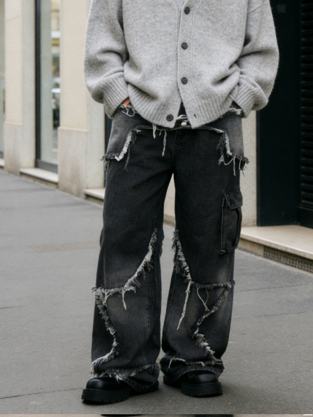 Dark style irregular frayed ripped jeans, men's multi-pocket design, loose drape wide-leg trendy brand long pants