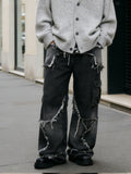 Dark style irregular frayed ripped jeans, men's multi-pocket design, loose drape wide-leg trendy brand long pants