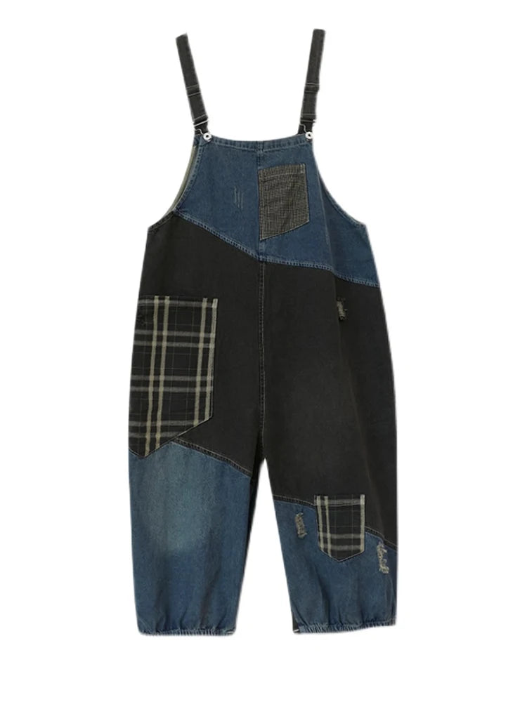 Amax luluE Korean Fall Jeans Womens Plaid Ripped Denim Overalls Ladies Vintage Punk Loose Pants Luxury Classic Casual Trousers