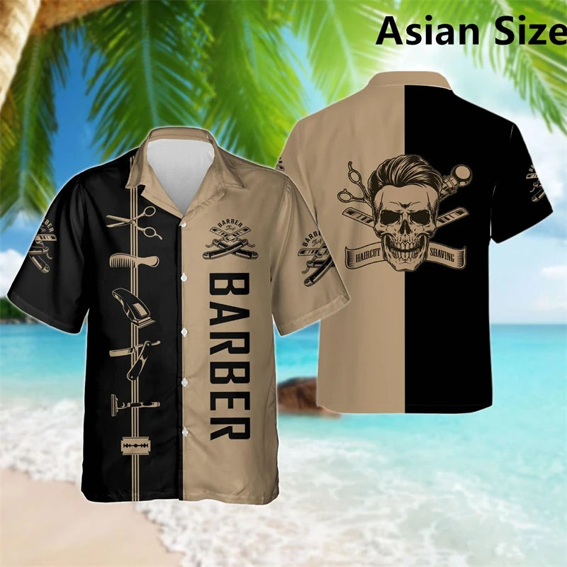 Simple Fashion Barber Graphic Shirts Summer Trend Short Sleeve 3D Print Lapel Workwear Shirt Casual Breathable Loose Unisex Tops