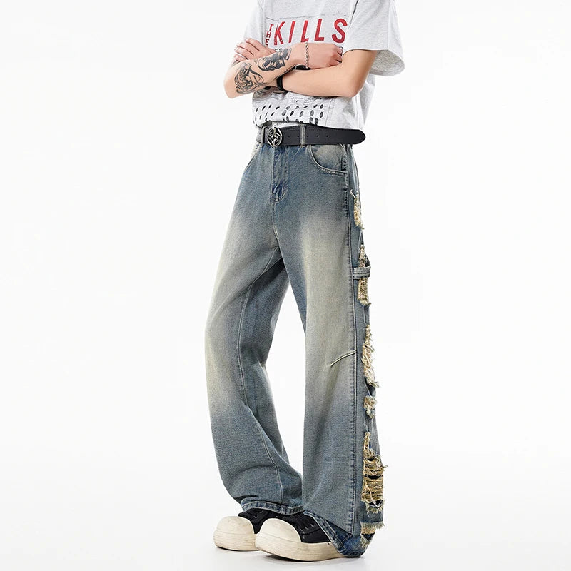Men's Jeans Vintage Wash Distressed Ripped Jeans Loose Straight Leg Pants Elastic Waist Streetwear Destroyed Side Fringe Details
