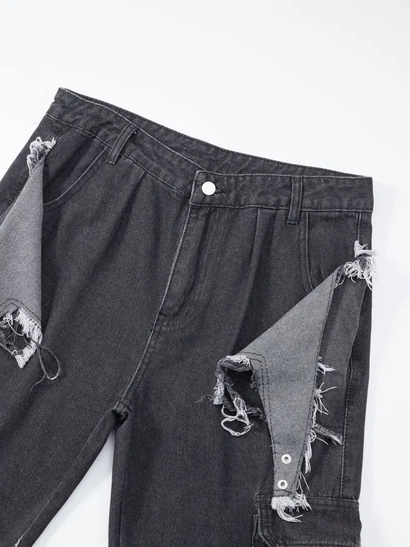 Dark style irregular frayed ripped jeans, men's multi-pocket design, loose drape wide-leg trendy brand long pants