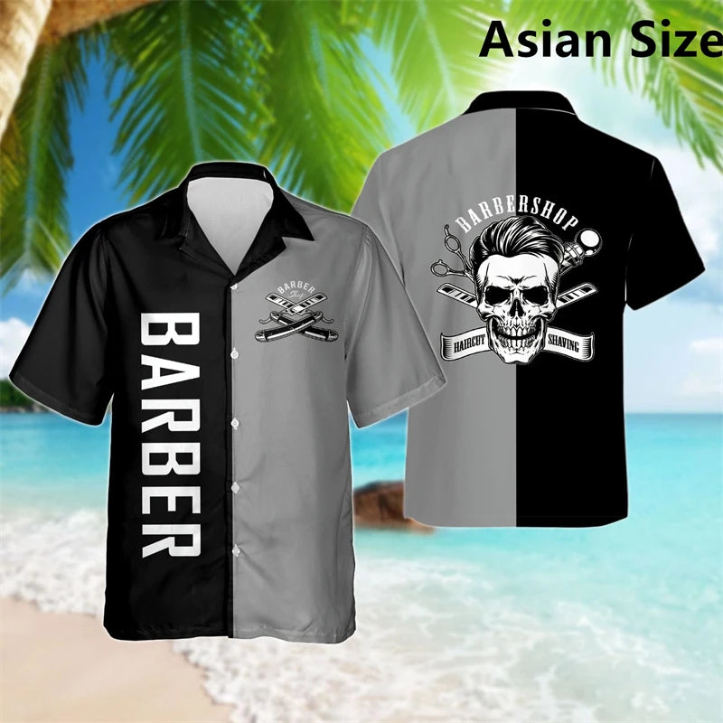 Simple Fashion Barber Graphic Shirts Summer Trend Short Sleeve 3D Print Lapel Workwear Shirt Casual Breathable Loose Unisex Tops