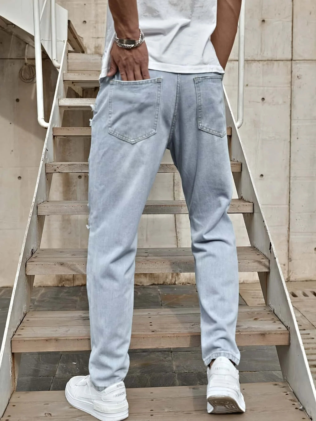 Men's Ripped Non-Stretch Jeans - Distressed Streetwear Loose Fit Denim, Hip-hop Style Regular Length All-Season Comfort