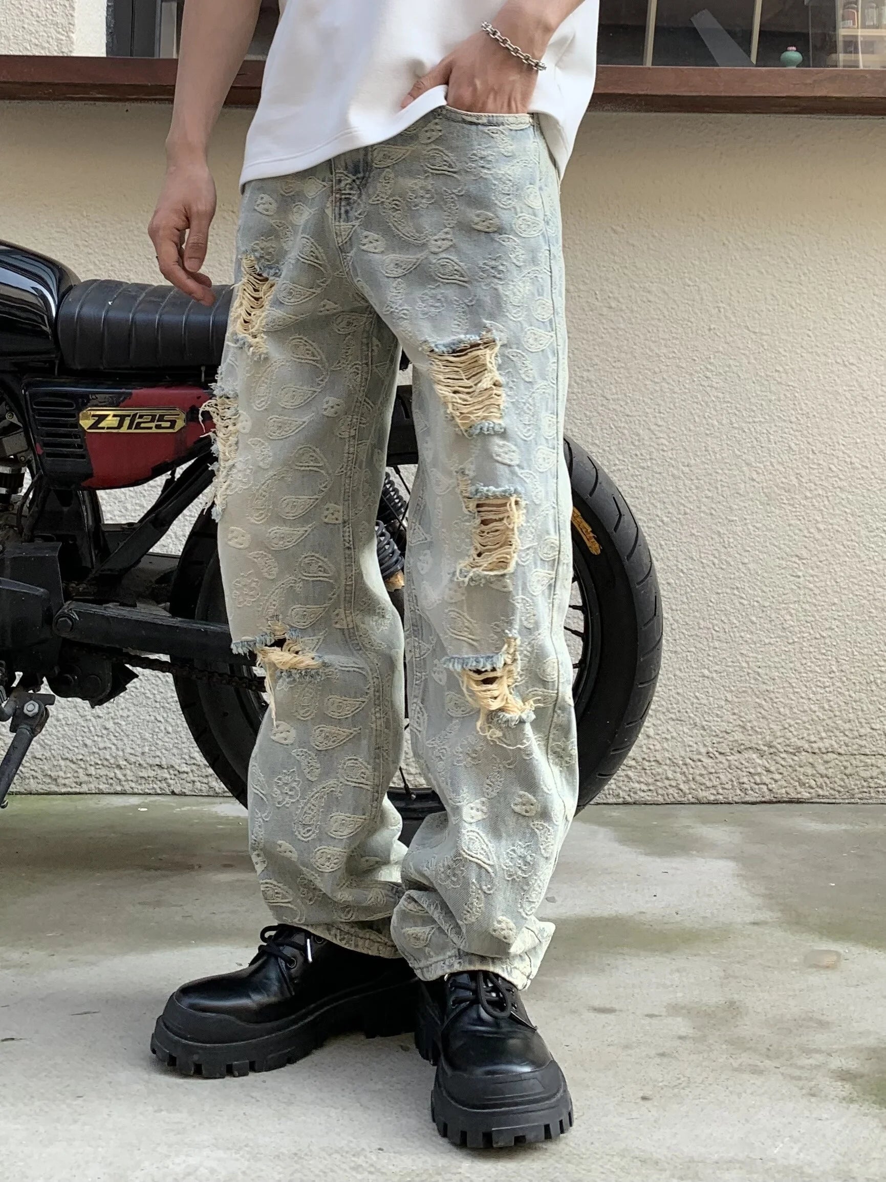 Washed Vintage High Street Jeans Men Women Loose Straight Hip Hop Long Trousers Trendy Brand Durable Cotton Polyester Blend