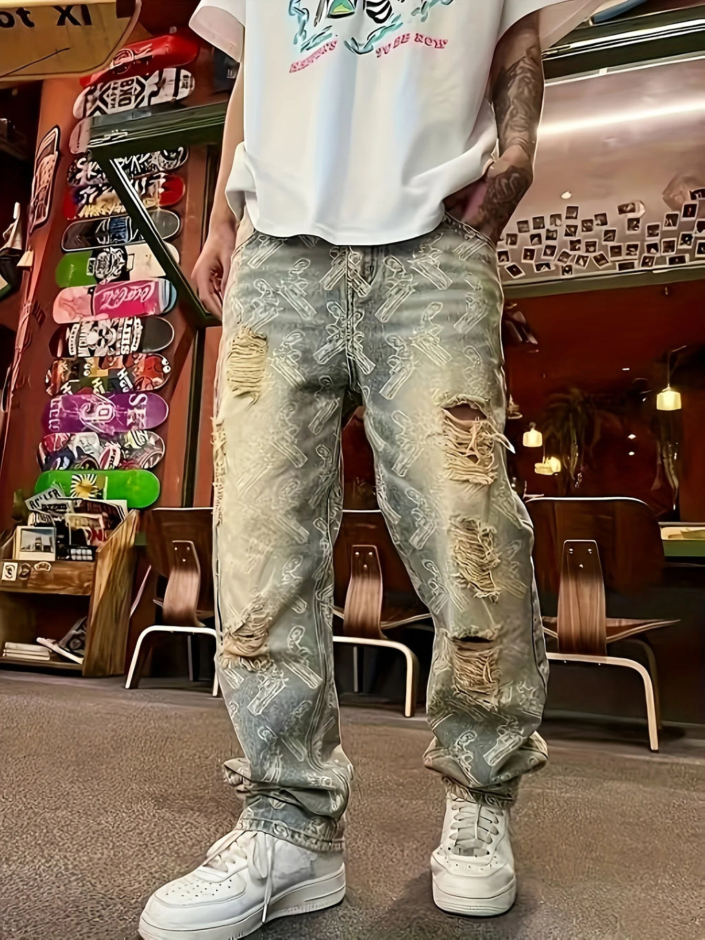 American-Style Streetwear Washed Vintage Ripped Jeans for Men, Spring and Autumn Straight Loose Fit, European and American High Street Vibe Style Long Pants