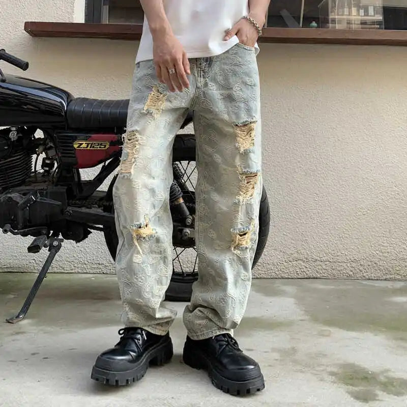 Washed Vintage High Street Jeans Men Women Loose Straight Hip Hop Long Trousers Trendy Brand Durable Cotton Polyester Blend