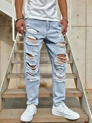 Men's Ripped Non-Stretch Jeans - Distressed Streetwear Loose Fit Denim, Hip-hop Style Regular Length All-Season Comfort