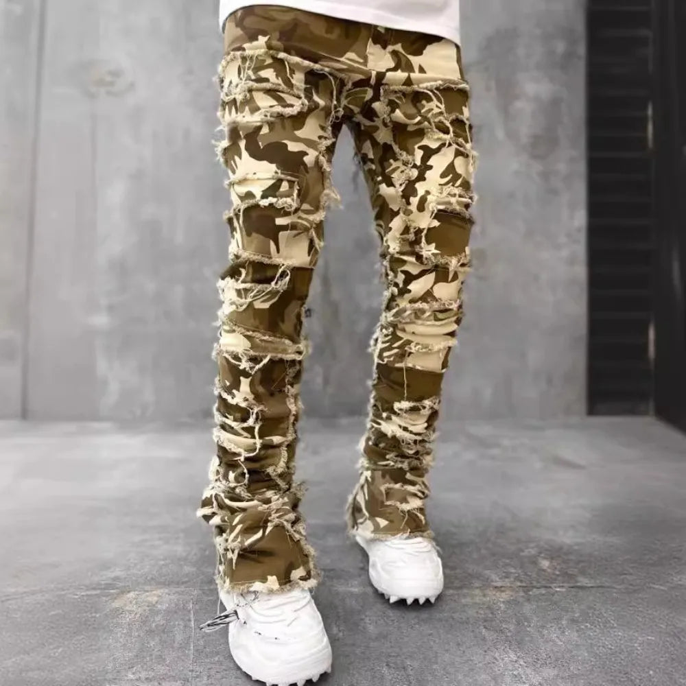 Punk Street Style Ripped Skinny Jeans Men Vintage Wash Solid Denim Trouser Mens Casual Slim Fit Pencil Denim Holes Pants 2024