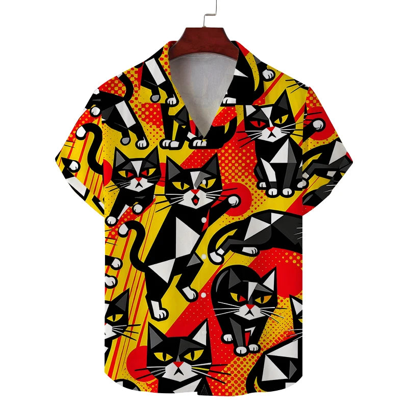 New summer shirt for men short sleeves men's cat pattern casual commuting fashion all-match personality breathable