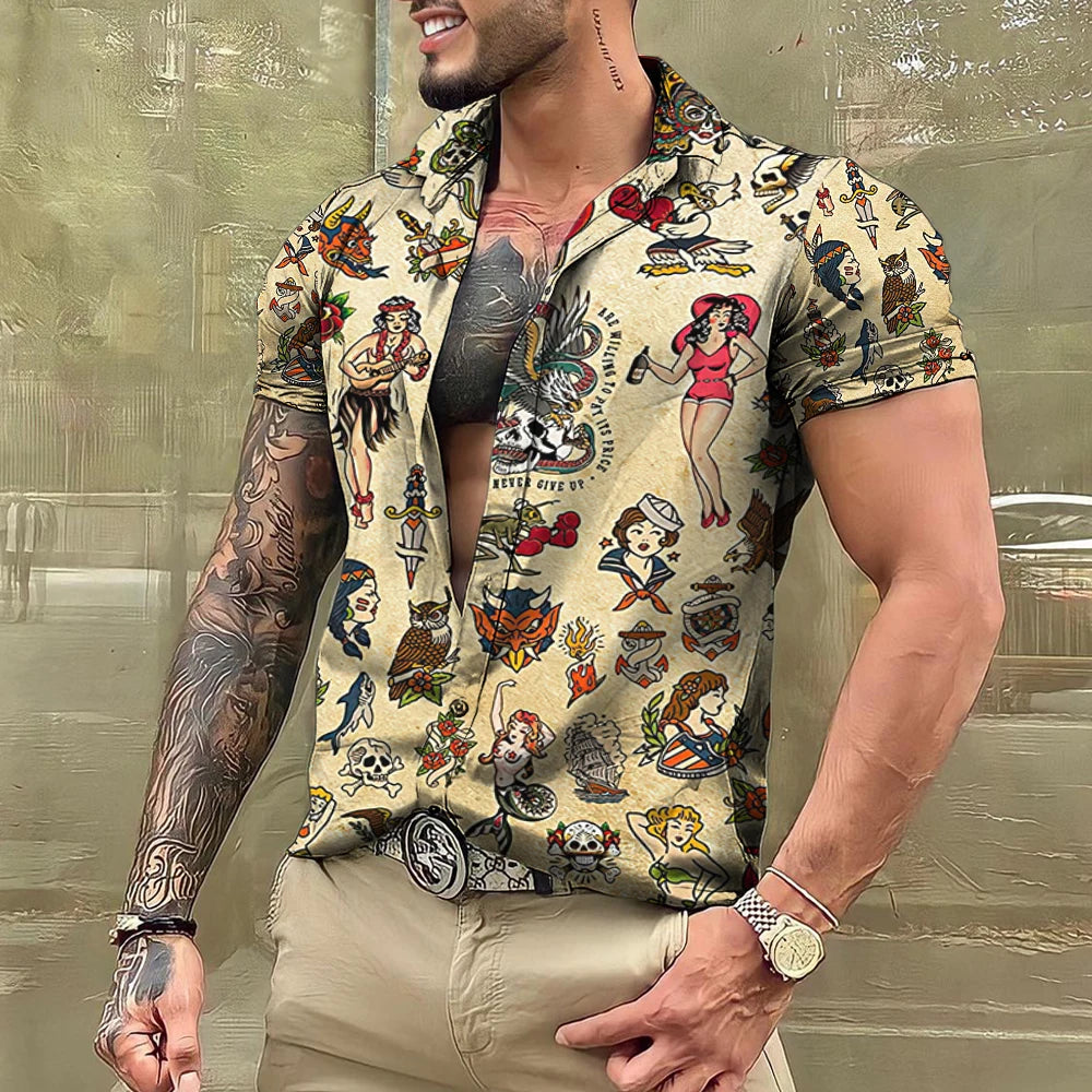 Summer Tattoo Shirt Hawaiian Shirts For Men Brand Short Sleeve Tops Tees Casual Men's Blouse Fashion Camisas De Hombre Clothing