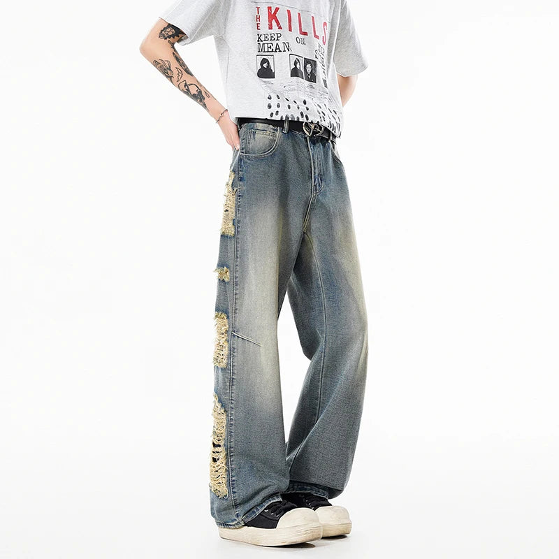 Men's Jeans Vintage Wash Distressed Ripped Jeans Loose Straight Leg Pants Elastic Waist Streetwear Destroyed Side Fringe Details