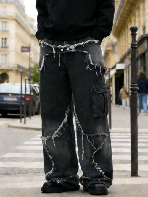 Dark Frayed Wide-Leg Ripped Jeans