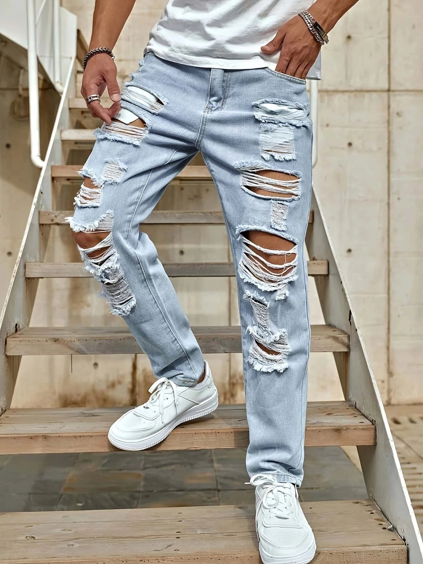 Men's Ripped Non-Stretch Jeans - Distressed Streetwear Loose Fit Denim, Hip-hop Style Regular Length All-Season Comfort