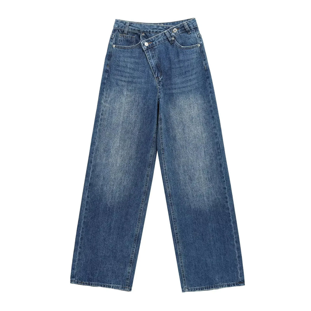 HH Women Elegant Fashion Straight Jeans Vintage Casual High Waist Wide Leg Denim Pants Y2K High Street Lady Trousers Blue Jeans