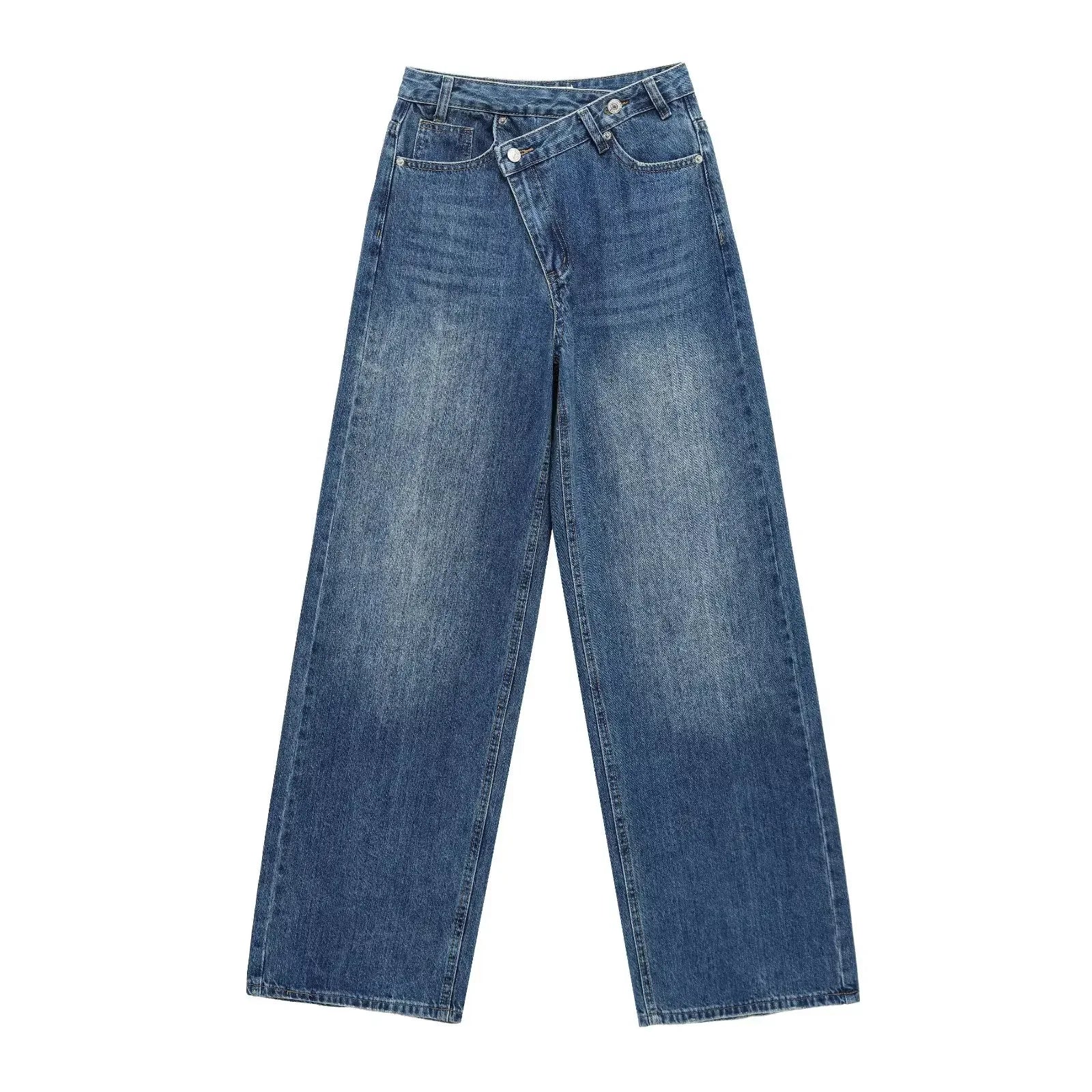 HH Women Elegant Fashion Straight Jeans Vintage Casual High Waist Wide Leg Denim Pants Y2K High Street Lady Trousers Blue Jeans