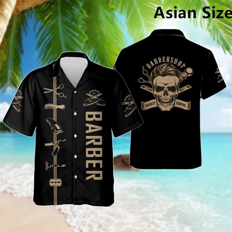 Simple Fashion Barber Graphic Shirts Summer Trend Short Sleeve 3D Print Lapel Workwear Shirt Casual Breathable Loose Unisex Tops