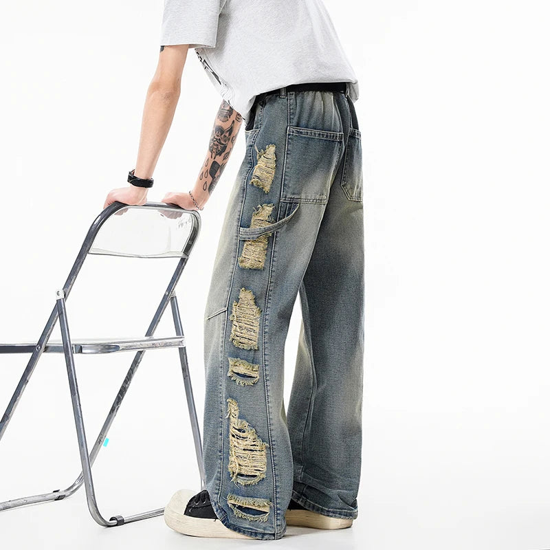 Men's Jeans Vintage Wash Distressed Ripped Jeans Loose Straight Leg Pants Elastic Waist Streetwear Destroyed Side Fringe Details