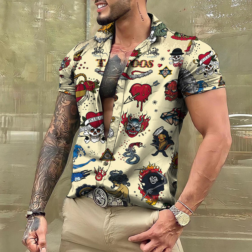 Summer Tattoo Shirt Hawaiian Shirts For Men Brand Short Sleeve Tops Tees Casual Men's Blouse Fashion Camisas De Hombre Clothing