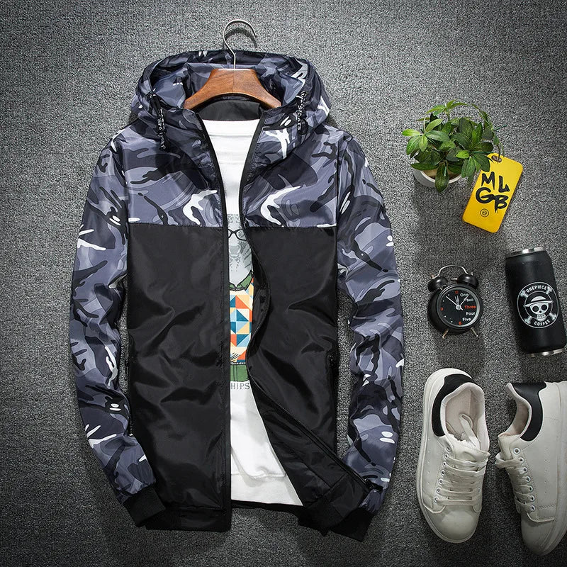 New Men's Camouflage Hooded Jacket Coat Fashion Patchwork Loose Casual Thin Coats Outdoor Windproof Hoodies Sport Jacket for Men