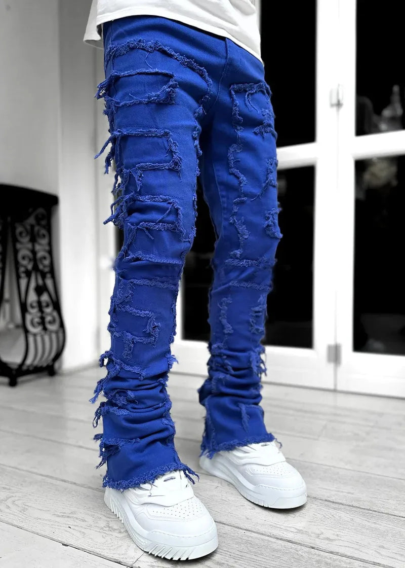 Punk Street Style Ripped Skinny Jeans Men Vintage Wash Solid Denim Trouser Mens Casual Slim Fit Pencil Denim Holes Pants 2024