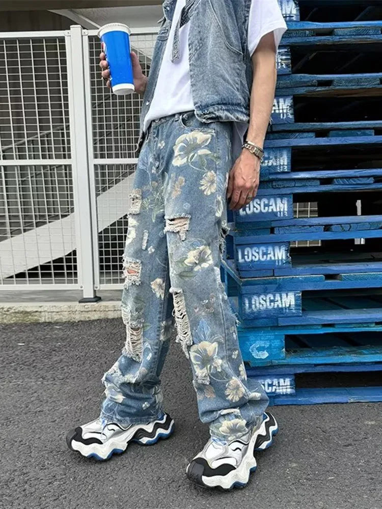 2024 Ropa Y2K Streetwear Flowers Print Ripped Baggy Jeans Pants Men Design Clothes Straight Grunge Denim Trousers Pantalon Homme