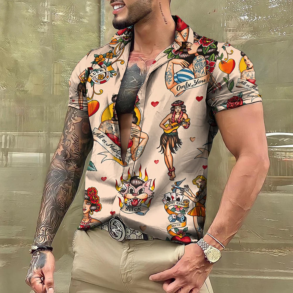 Summer Tattoo Shirt Hawaiian Shirts For Men Brand Short Sleeve Tops Tees Casual Men's Blouse Fashion Camisas De Hombre Clothing