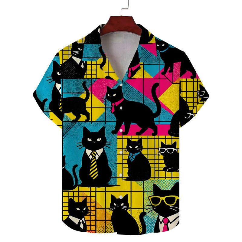 New summer shirt for men short sleeves men's cat pattern casual commuting fashion all-match personality breathable