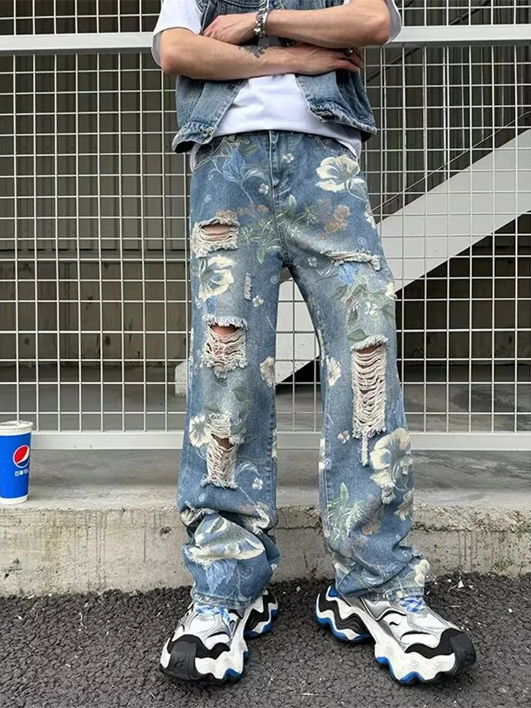 2024 Ropa Y2K Streetwear Flowers Print Ripped Baggy Jeans Pants Men Design Clothes Straight Grunge Denim Trousers Pantalon Homme