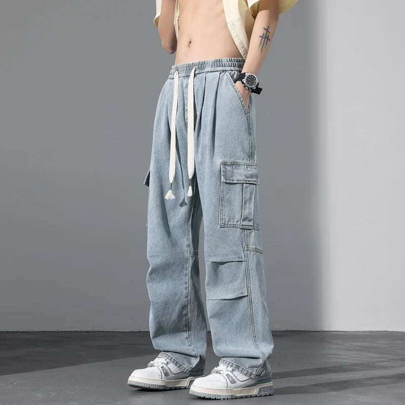 Large Pocket Baggy Solid Jeans Men's 2026 New Spring Classic Straight Denim Trousers Street Y2K Elastic Waist Casual Cargo Pants