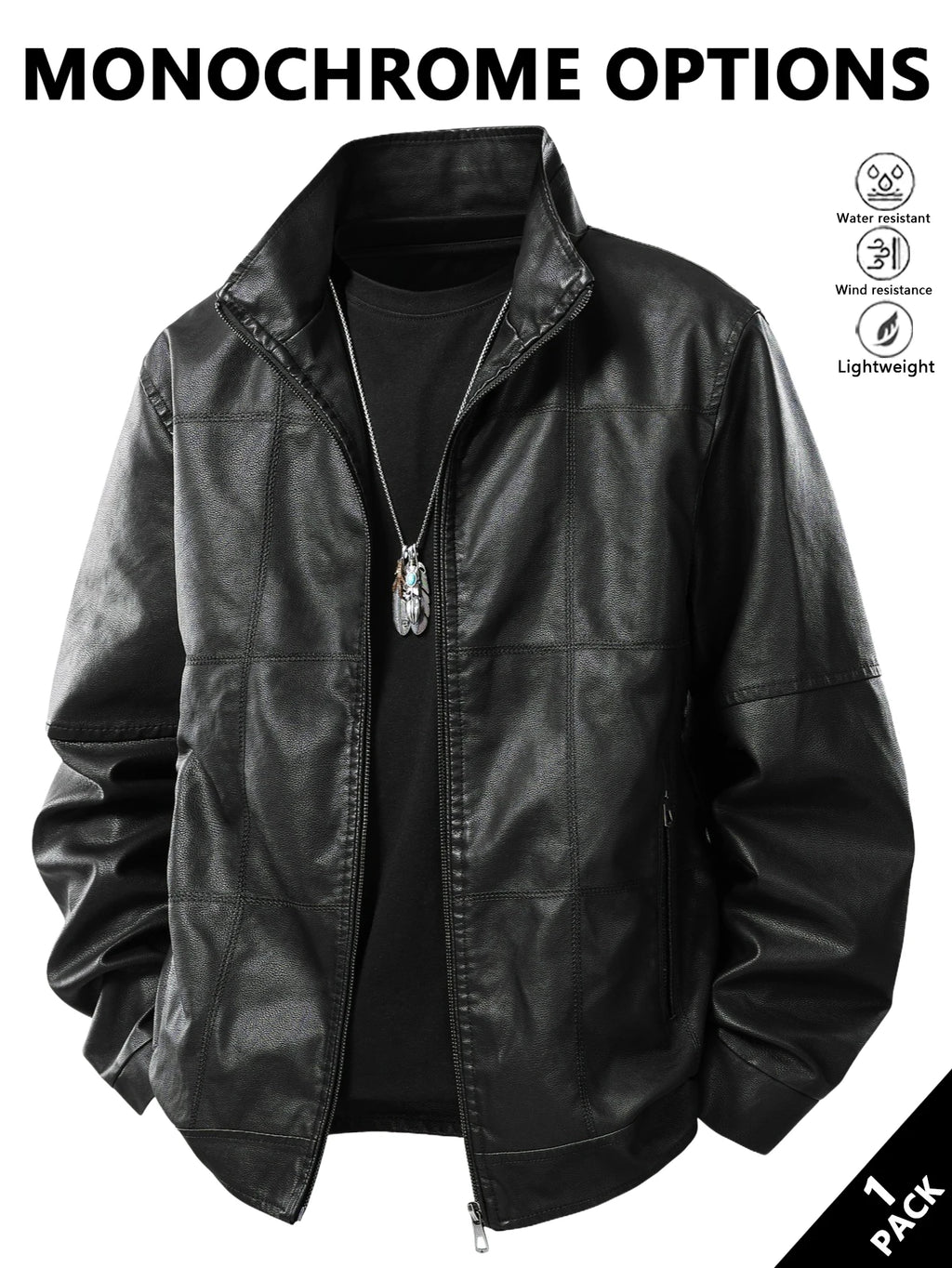 KingStyle Men's Stand-Up Collar Leather Jacket