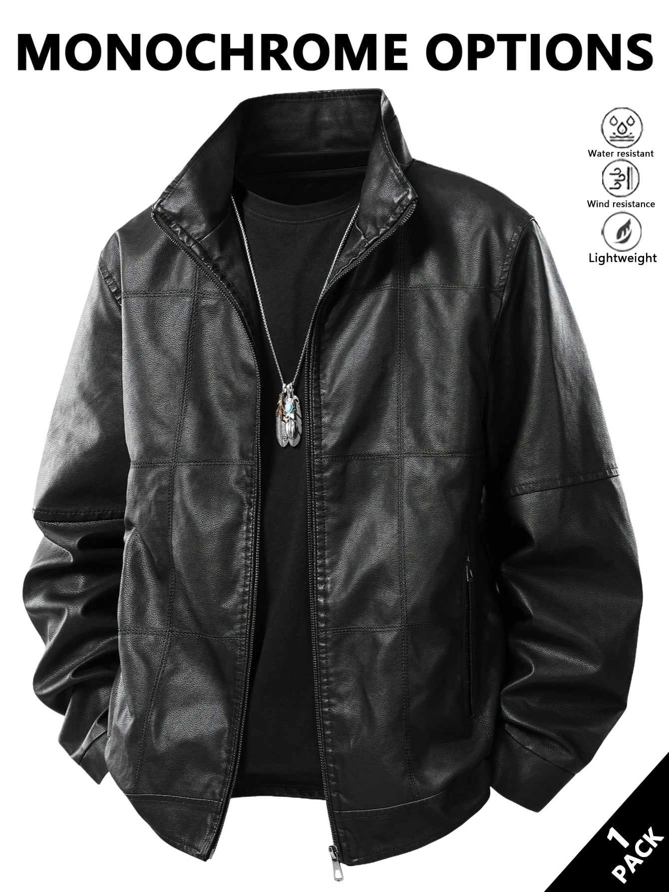 KingStyle Men's Stand-Up Collar Leather Jacket