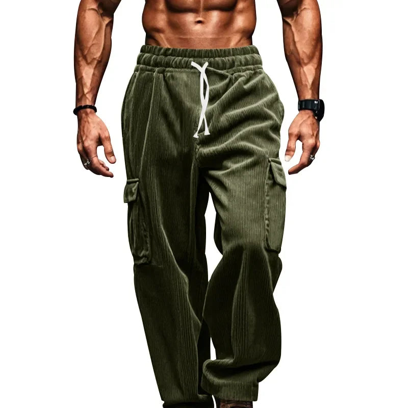 2024 new corduroy men's retro American loose tooling multi-pocket straight casual trousers