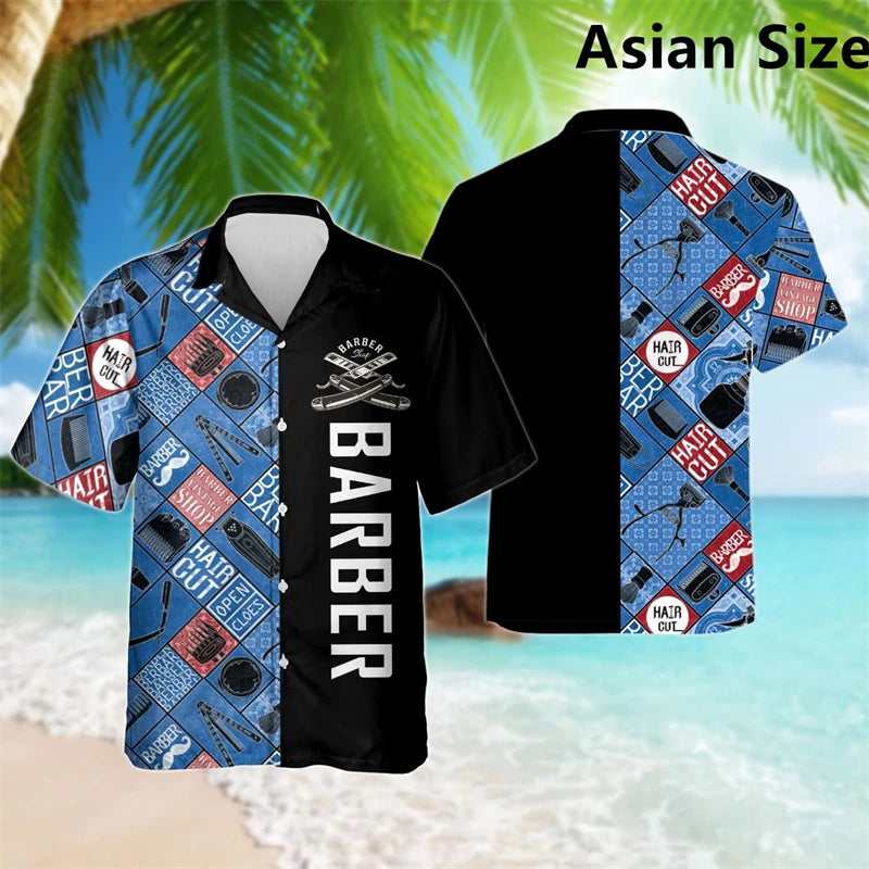 Simple Fashion Barber Graphic Shirts Summer Trend Short Sleeve 3D Print Lapel Workwear Shirt Casual Breathable Loose Unisex Tops