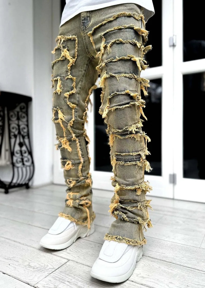 Punk Street Style Ripped Skinny Jeans Men Vintage Wash Solid Denim Trouser Mens Casual Slim Fit Pencil Denim Holes Pants 2024
