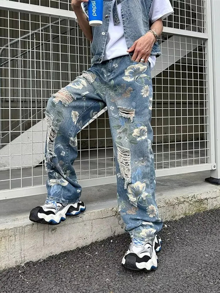 2024 Ropa Y2K Streetwear Flowers Print Ripped Baggy Jeans Pants Men Design Clothes Straight Grunge Denim Trousers Pantalon Homme