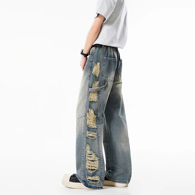 Men's Jeans Vintage Wash Distressed Ripped Jeans Loose Straight Leg Pants Elastic Waist Streetwear Destroyed Side Fringe Details