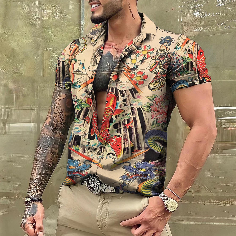 Summer Tattoo Shirt Hawaiian Shirts For Men Brand Short Sleeve Tops Tees Casual Men's Blouse Fashion Camisas De Hombre Clothing