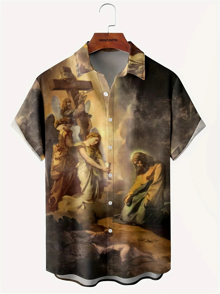 Men's Short-sleeved Shirt Summer Fashion Eagle Print Blouse Men's Casual Loose Shirt Large Size Lapel Short-sleeved Shirt S-5XL