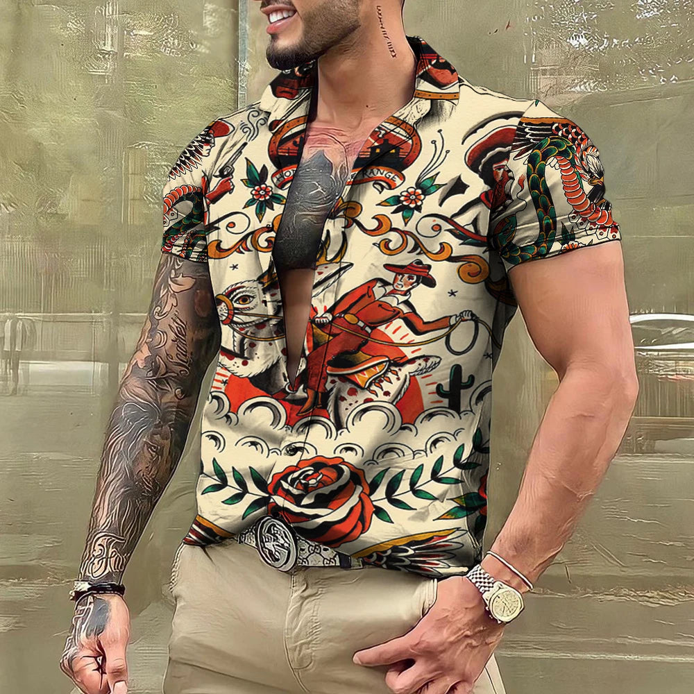 Summer Tattoo Shirt Hawaiian Shirts For Men Brand Short Sleeve Tops Tees Casual Men's Blouse Fashion Camisas De Hombre Clothing