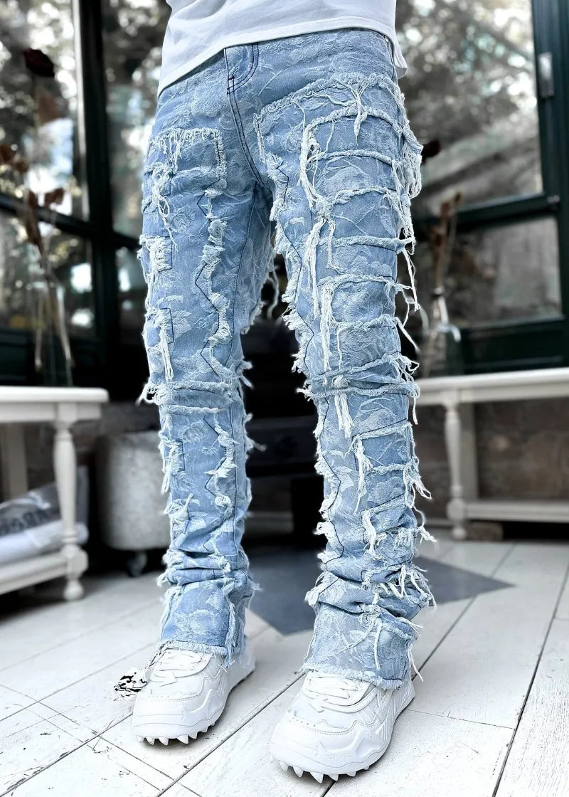 Punk Street Style Ripped Skinny Jeans Men Vintage Wash Solid Denim Trouser Mens Casual Slim Fit Pencil Denim Holes Pants 2024