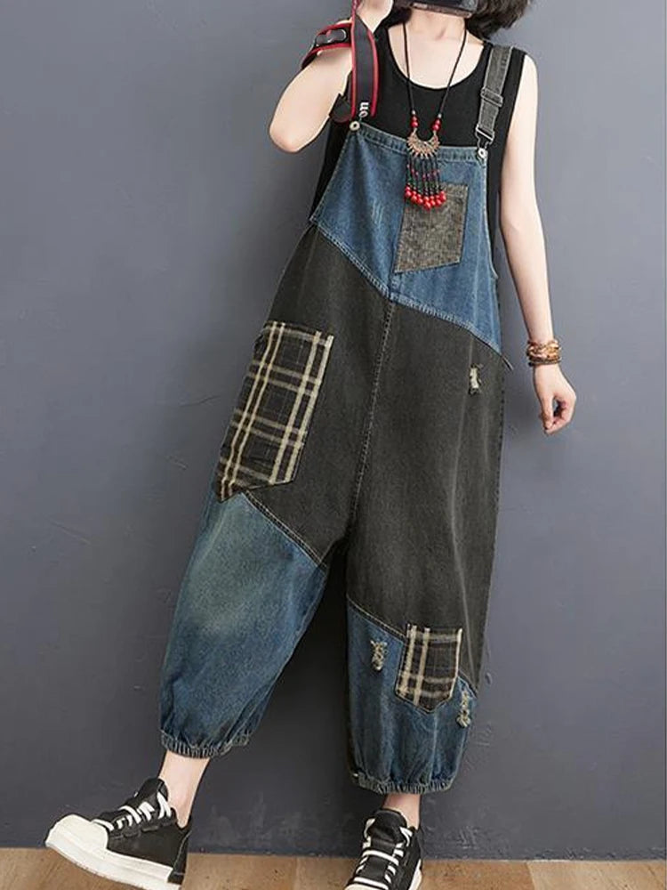 Amax luluE Korean Fall Jeans Womens Plaid Ripped Denim Overalls Ladies Vintage Punk Loose Pants Luxury Classic Casual Trousers