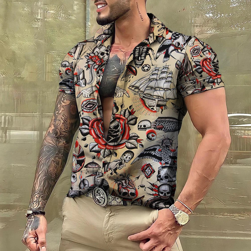 Summer Tattoo Shirt Hawaiian Shirts For Men Brand Short Sleeve Tops Tees Casual Men's Blouse Fashion Camisas De Hombre Clothing