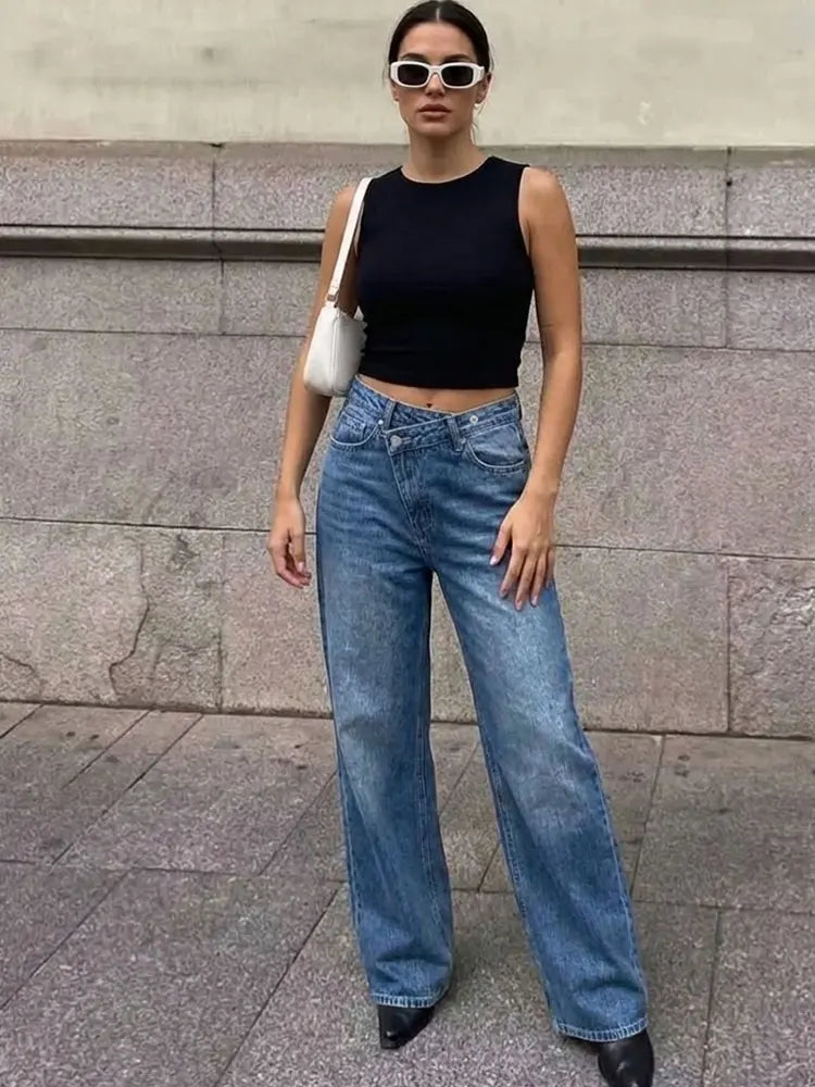 HH Women Elegant Fashion Straight Jeans Vintage Casual High Waist Wide Leg Denim Pants Y2K High Street Lady Trousers Blue Jeans