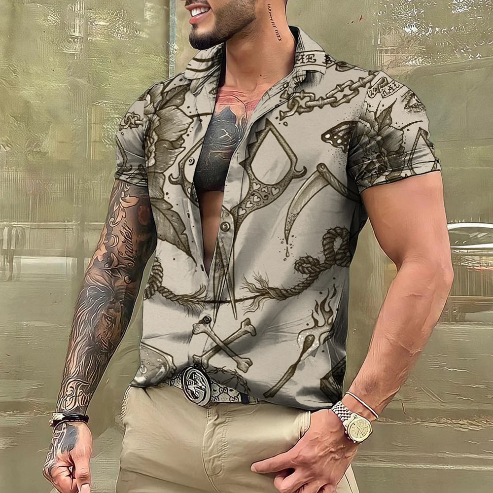 Summer Tattoo Shirt Hawaiian Shirts For Men Brand Short Sleeve Tops Tees Casual Men's Blouse Fashion Camisas De Hombre Clothing