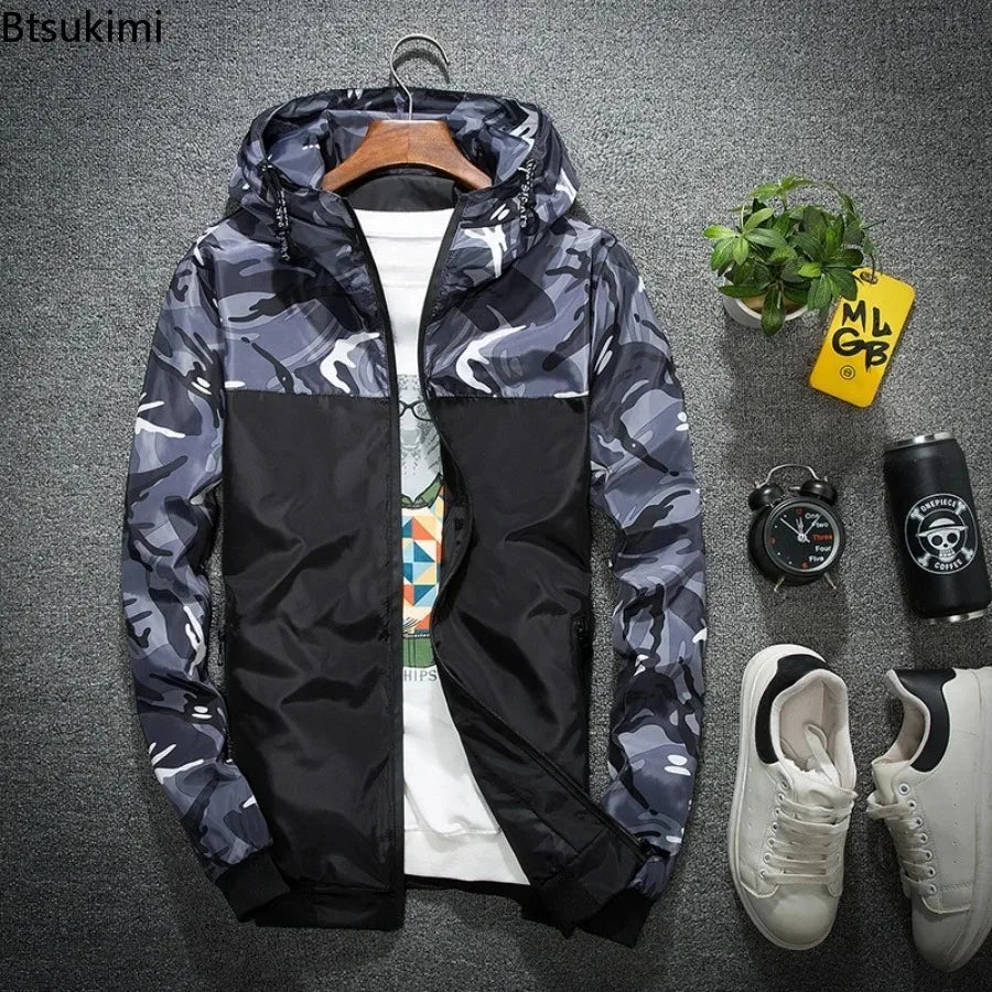 New Men's Camouflage Hooded Jacket Coat Fashion Patchwork Loose Casual Thin Coats Outdoor Windproof Hoodies Sport Jacket for Men